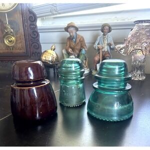 Set of 3 Insulators, 2 Teal Glass, 1 Brown Ceramic, Lot of Insulators READ